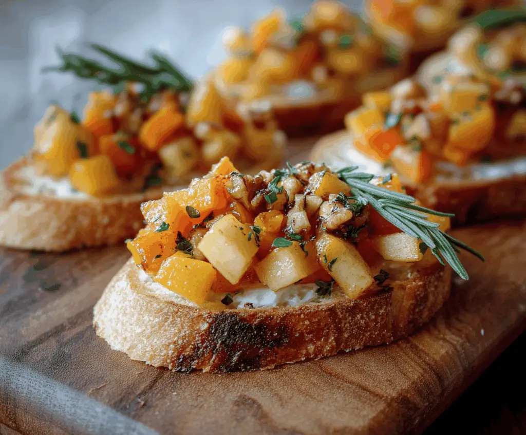 Fall-inspired bruschetta topped with roasted butternut squash and sliced apples, perfect for autumn gatherings.