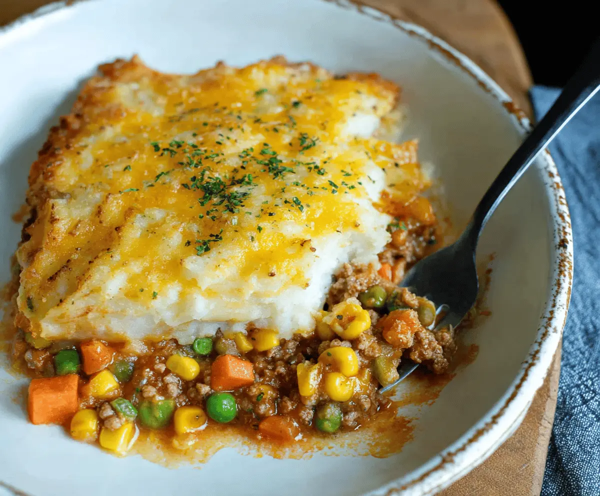 Delicious homemade Ground Turkey Shepherd's Pie topped with mashed potatoes and cooked vegetables.