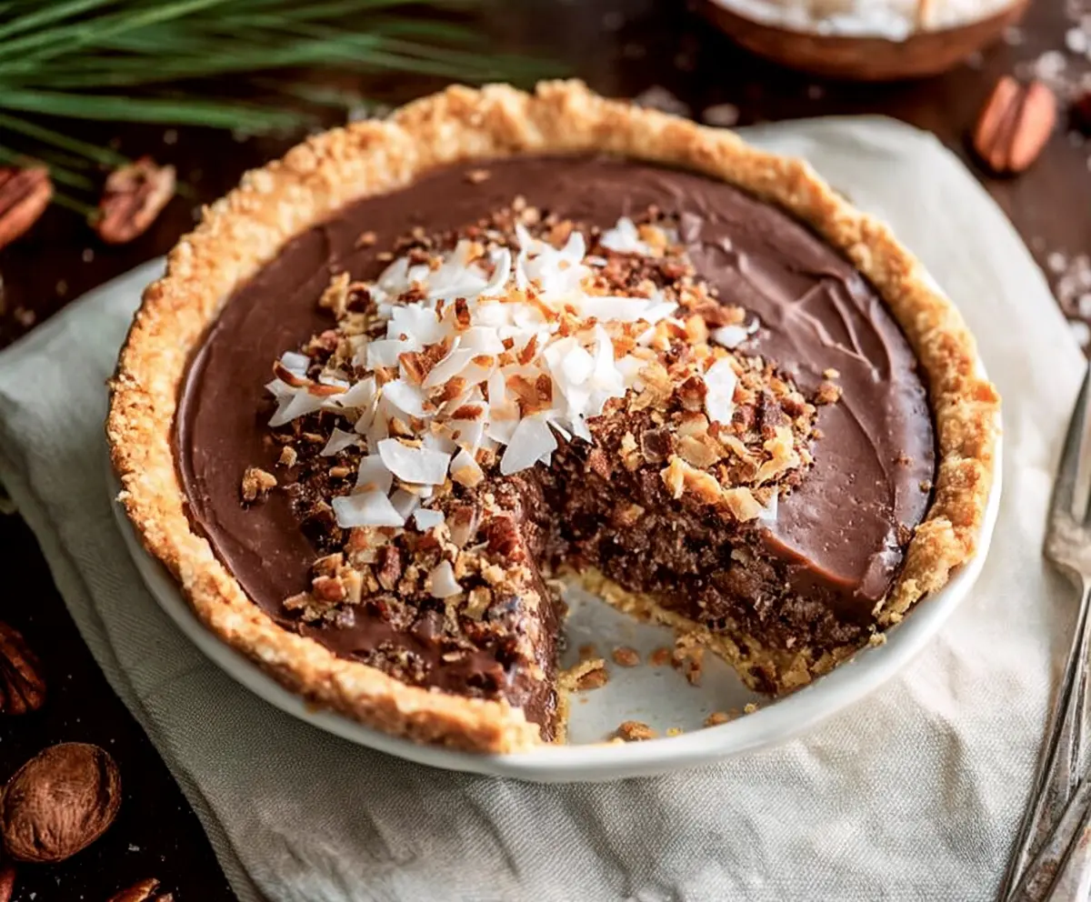 Delicious no-bake German chocolate pie garnished with whipped cream and chocolate shavings for a festive Christmas dessert.