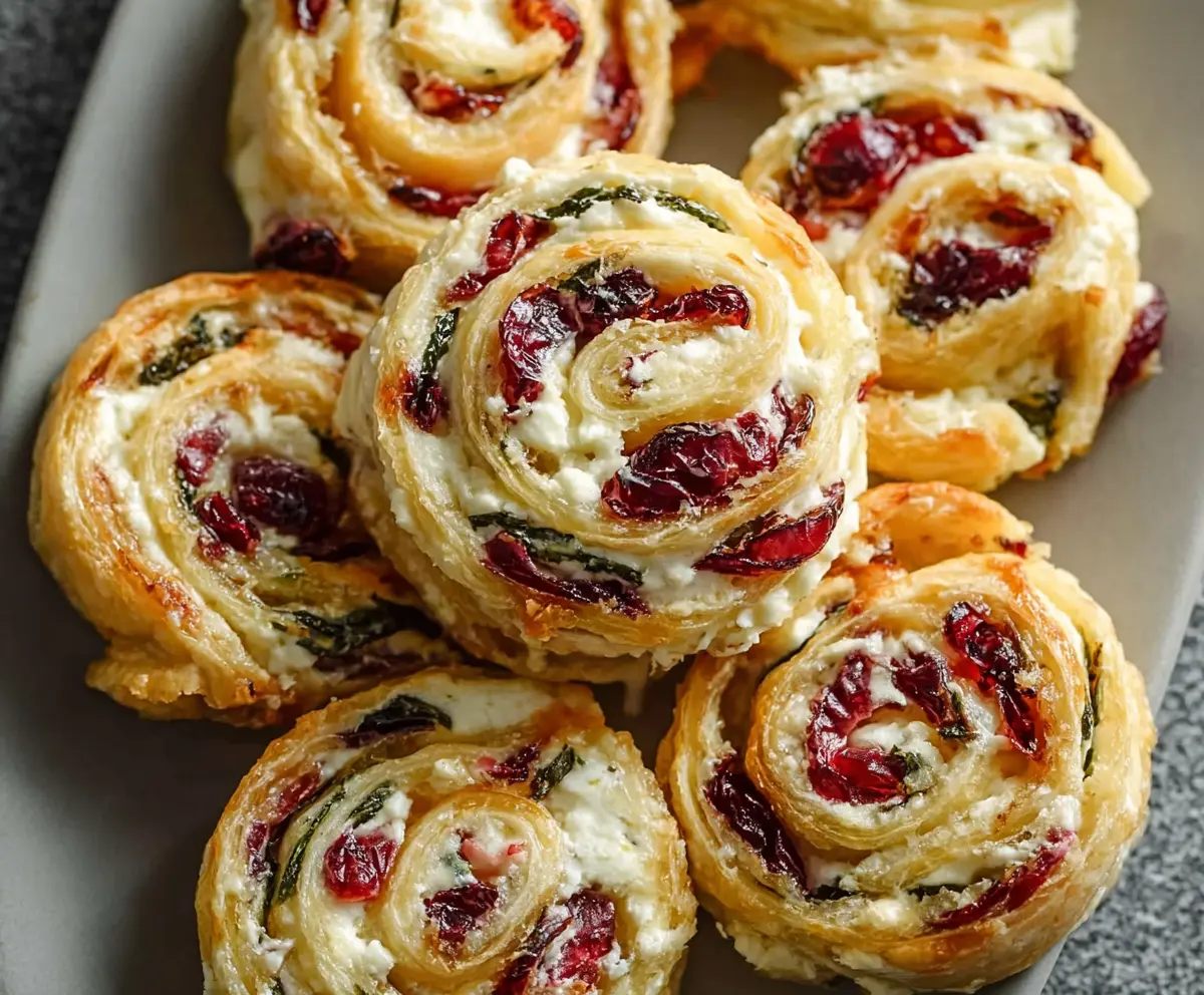 Delicious flaky cranberry cream cheese pinwheels served on a platter, perfect for parties and snacks.