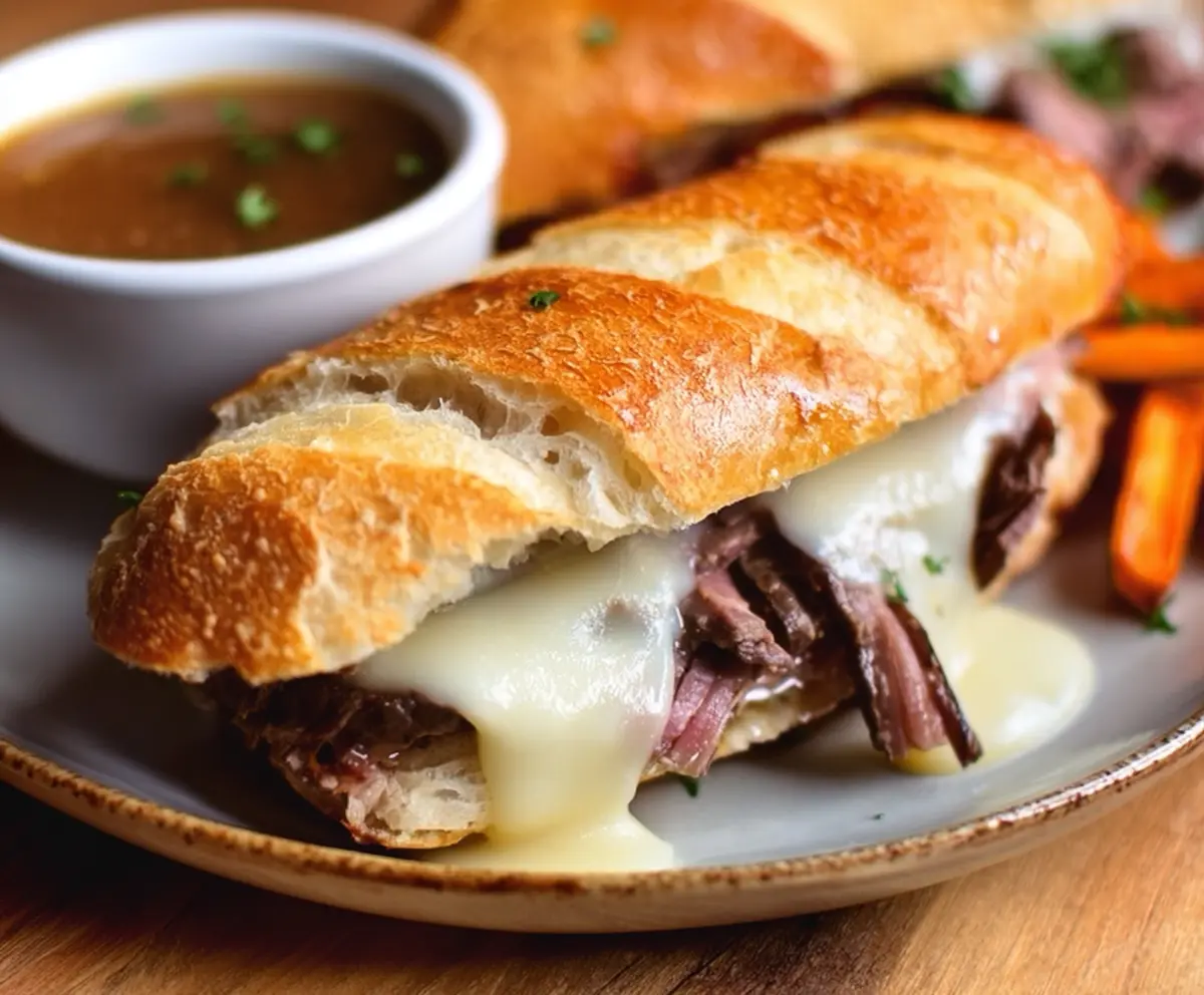 Delicious French Dip Sandwich Melt with tender roast beef, melted cheese, and toasted bread.