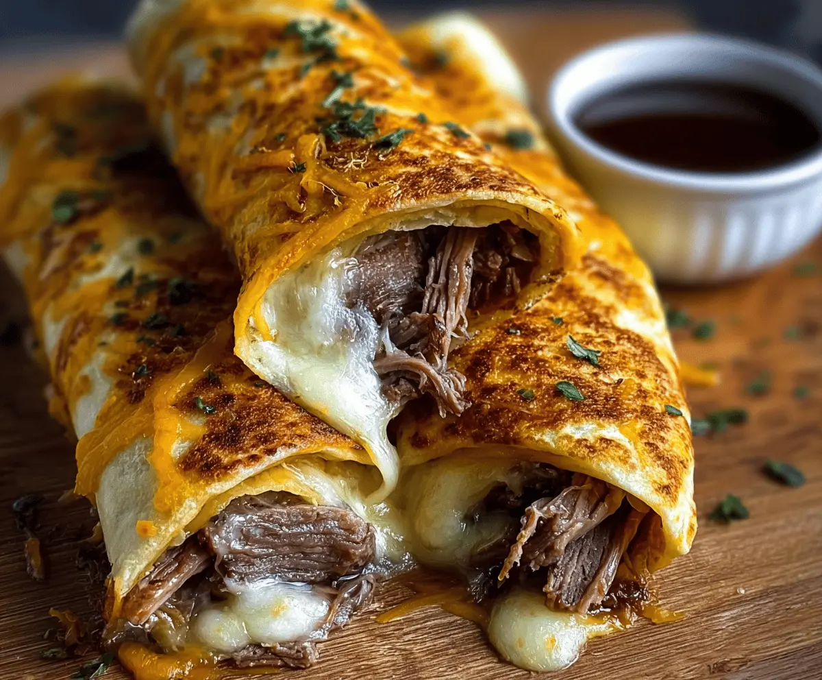 Delicious French Dip Tortilla Roll Ups with melted cheese and savory beef filling, perfect for snacks or parties.