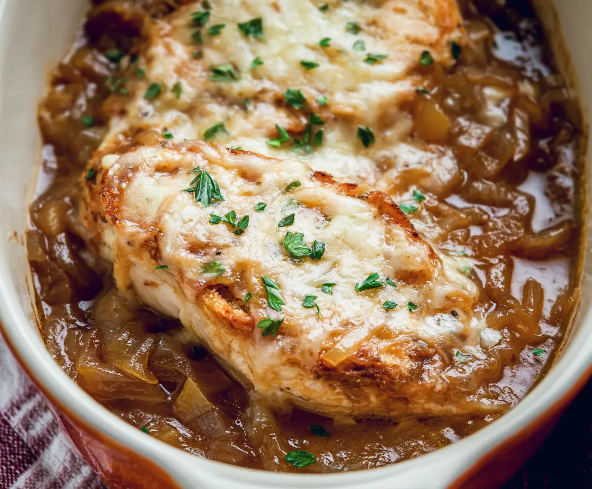 Delicious French Onion Chicken Soup in a bowl topped with melted cheese and crispy baguette slices