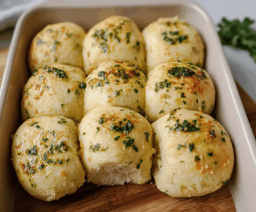 Golden garlic bread rolls with fresh herbs served on a rustic wooden table.
