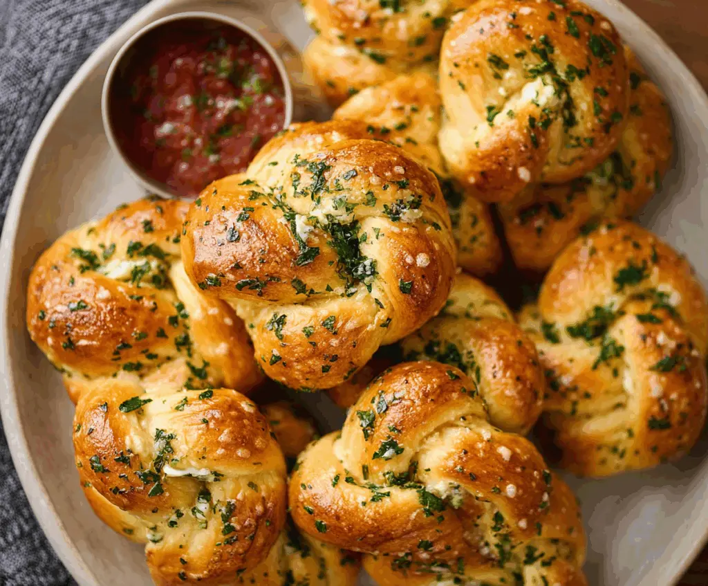 Delicious garlic knots fresh out of the oven with golden-brown crust and fragrant garlic topping.