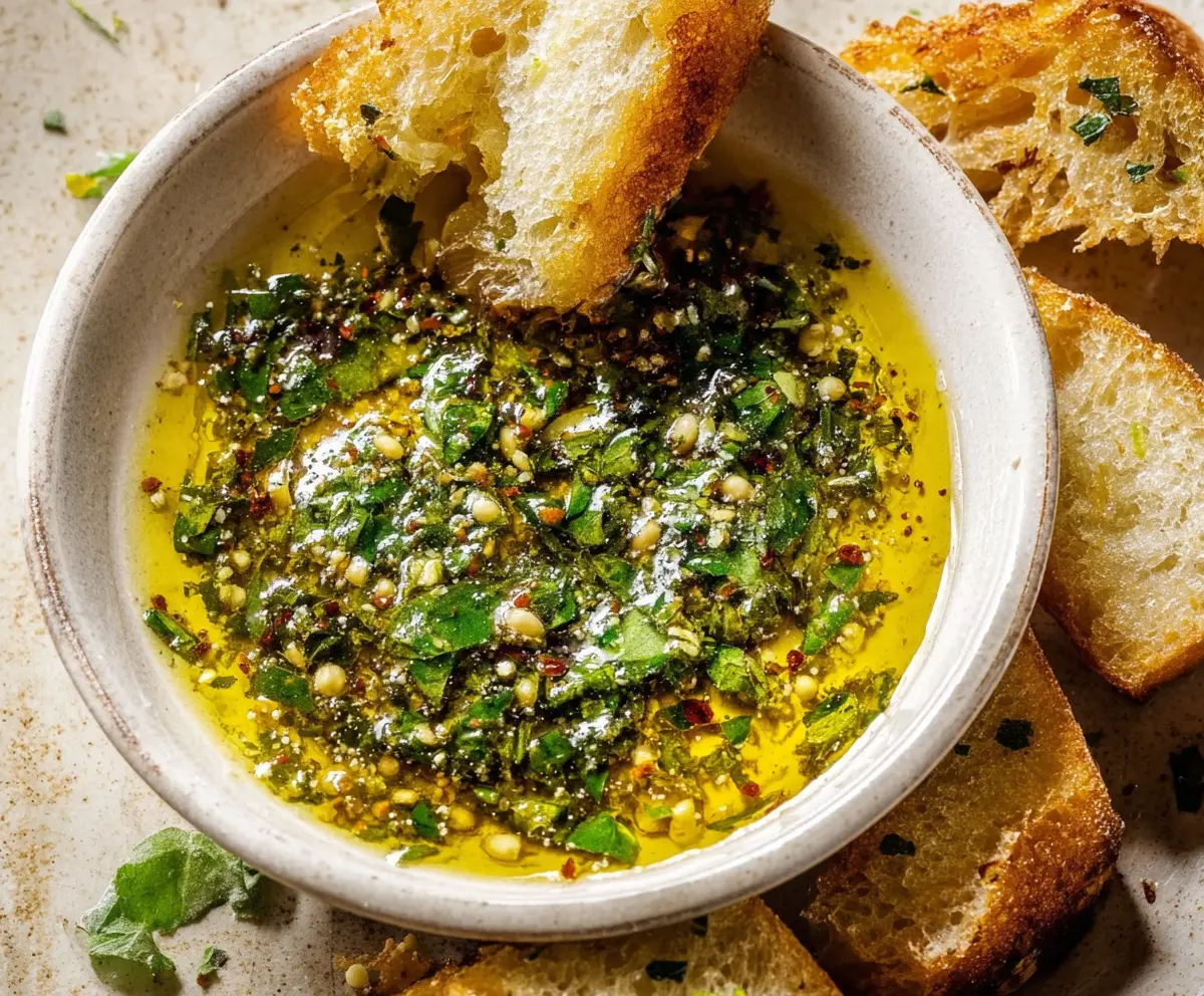 Delicious garlic olive oil dip served with fresh bread for a flavorful appetizer.