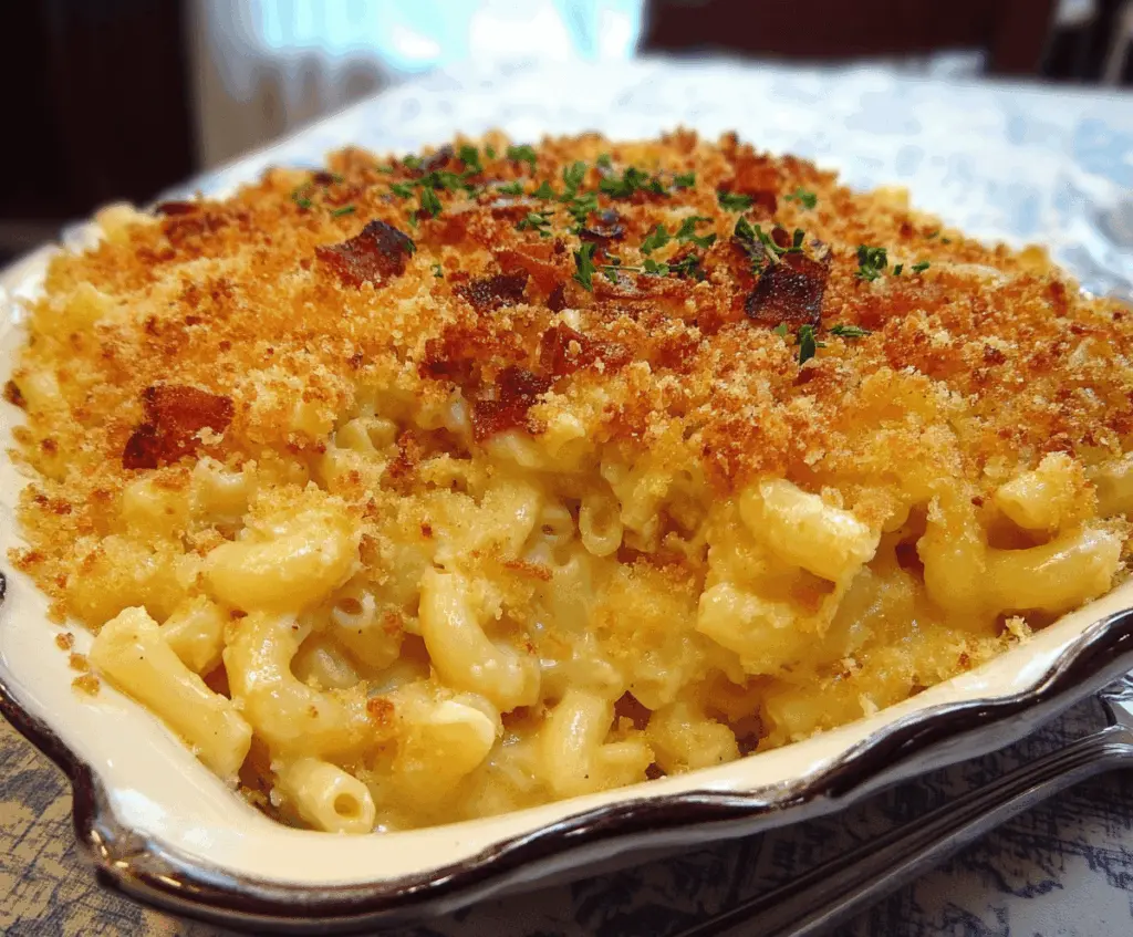 Delicious gourmet baked mac and cheese topped with crunchy breadcrumbs and cheese crust