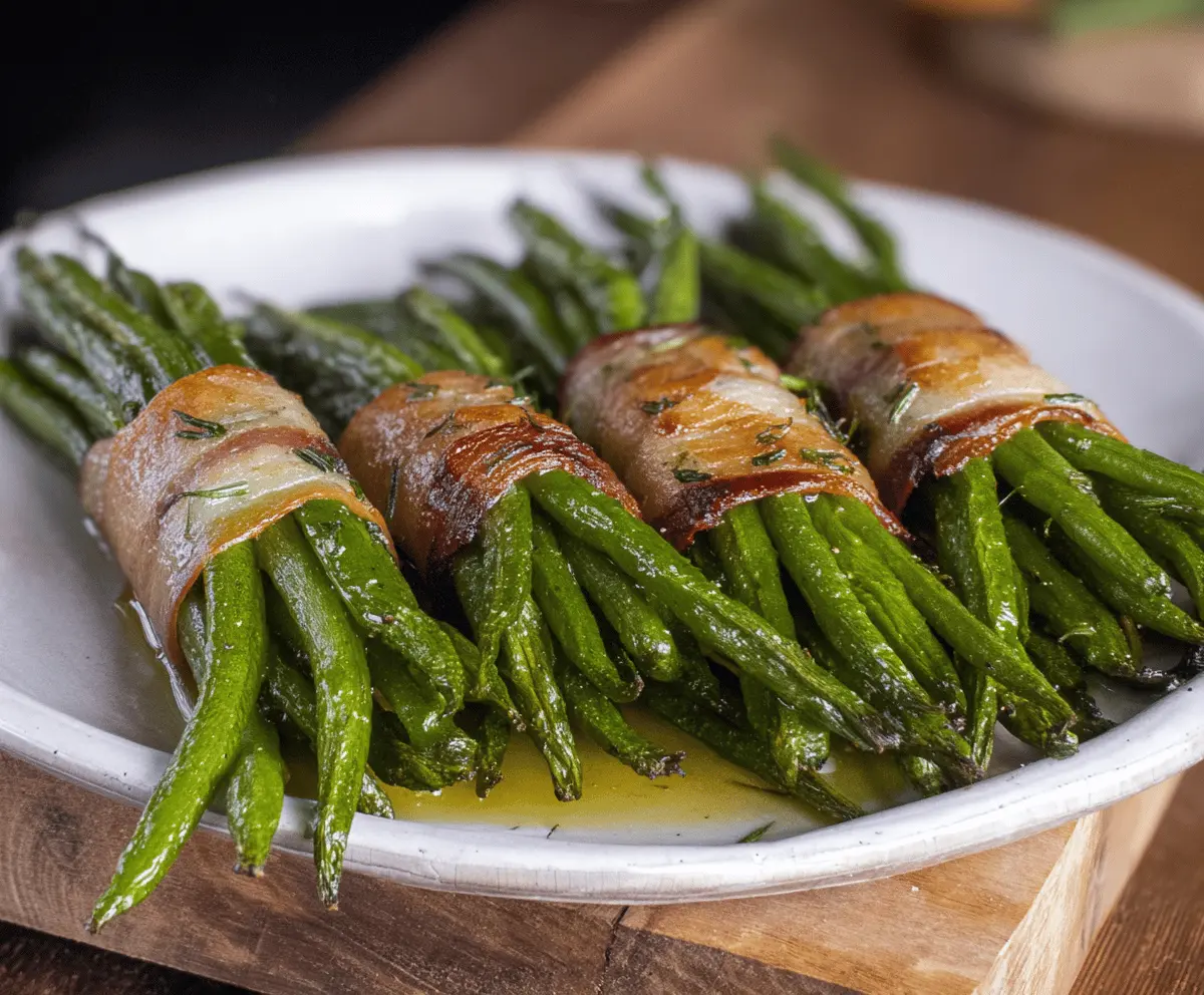 Fresh green bean bundles wrapped with crispy bacon on a white plate perfect for a delicious appetizer or side dish.