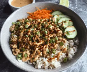 Delicious ground turkey rice bowl topped with vibrant Bang Bang sauce, garnished with fresh herbs.