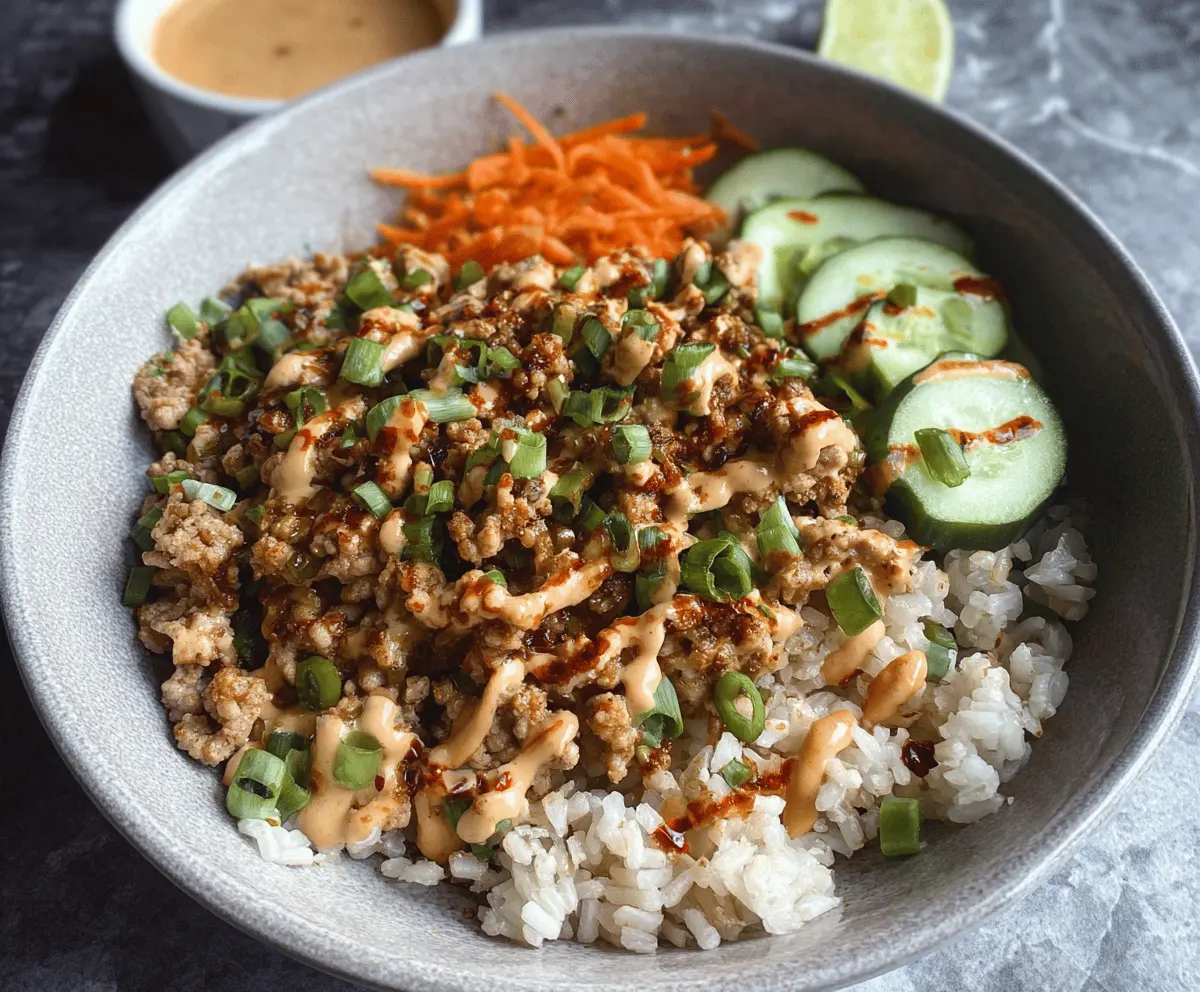 Delicious ground turkey rice bowl topped with vibrant Bang Bang sauce, garnished with fresh herbs.