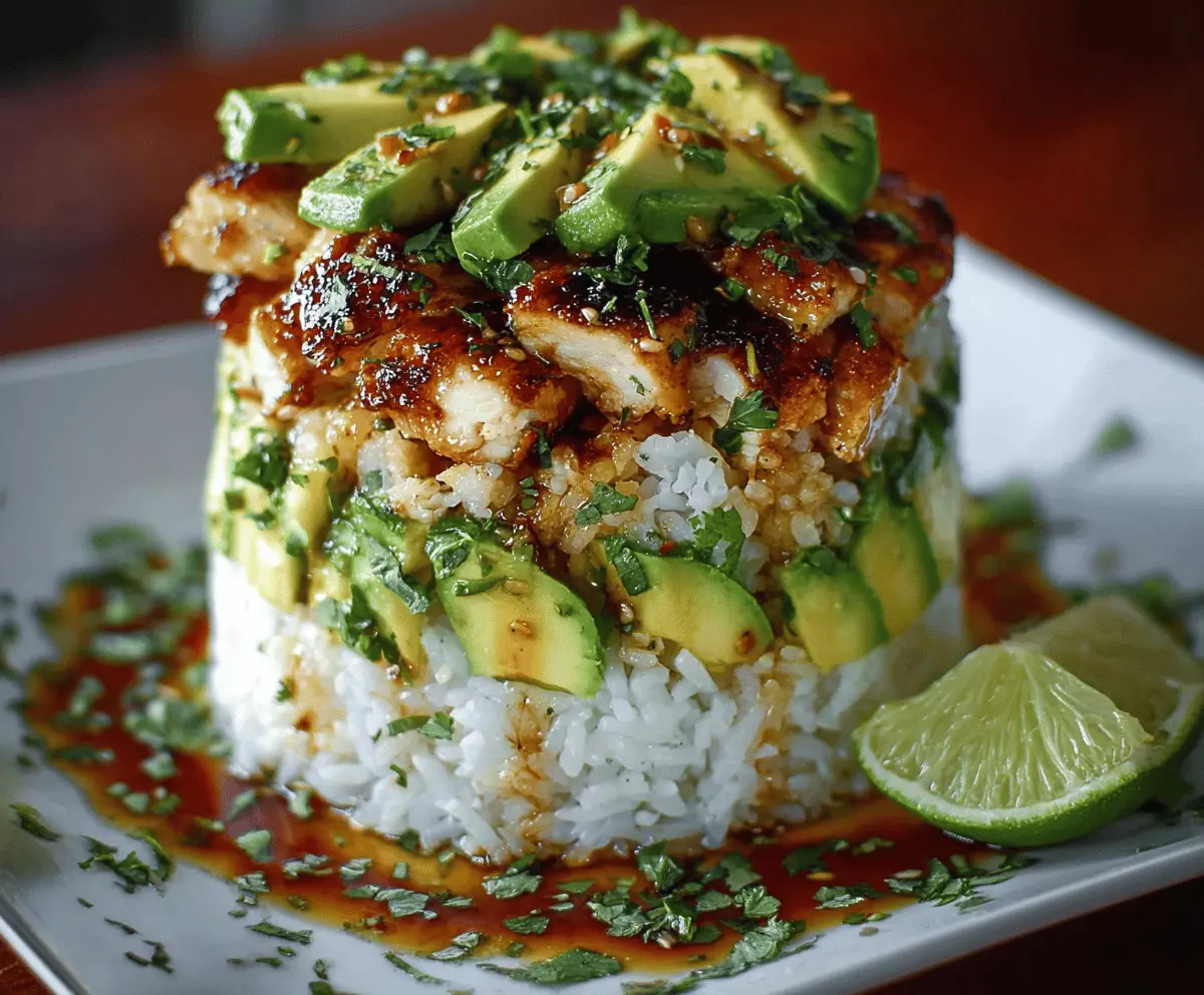 Honey Lime Chicken & Avocado Rice Stack served with fresh lime and herbs