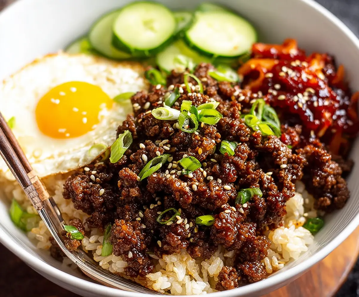 Delicious Korean Ground Beef Bowl served over rice with vegetables, perfect for a flavorful meal.