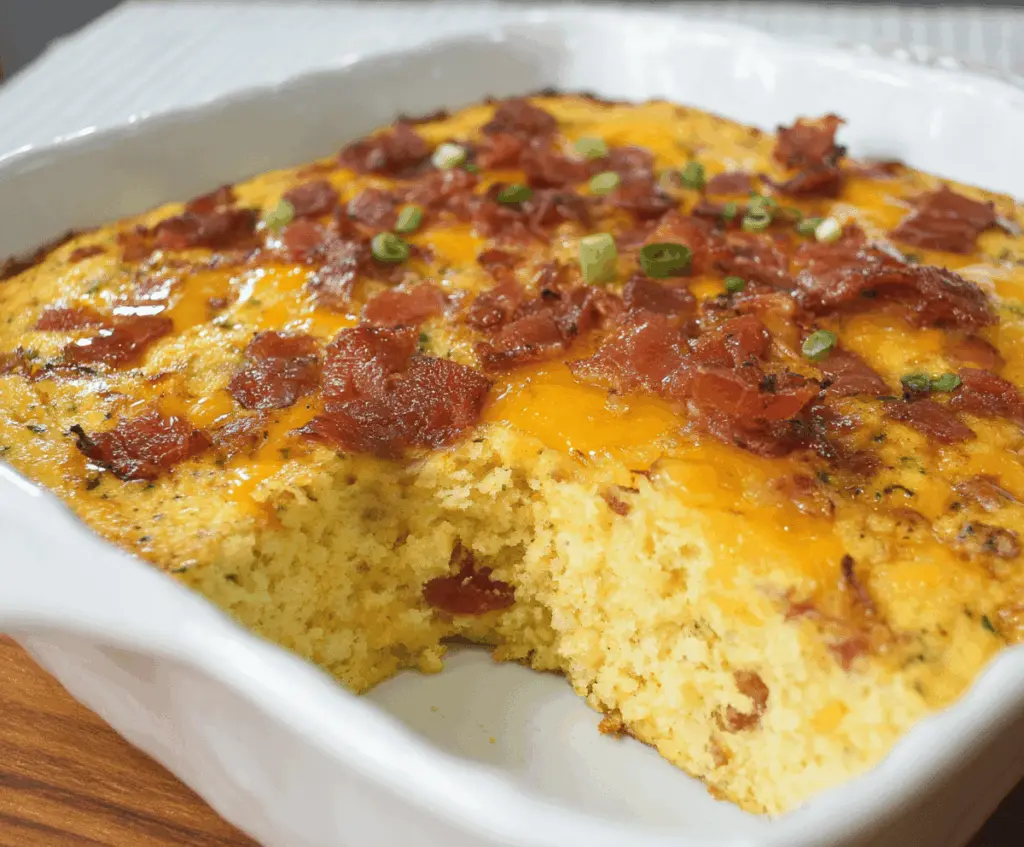 Delicious loaded cornbread casserole with melted cheese, bacon, and green onions served hot.