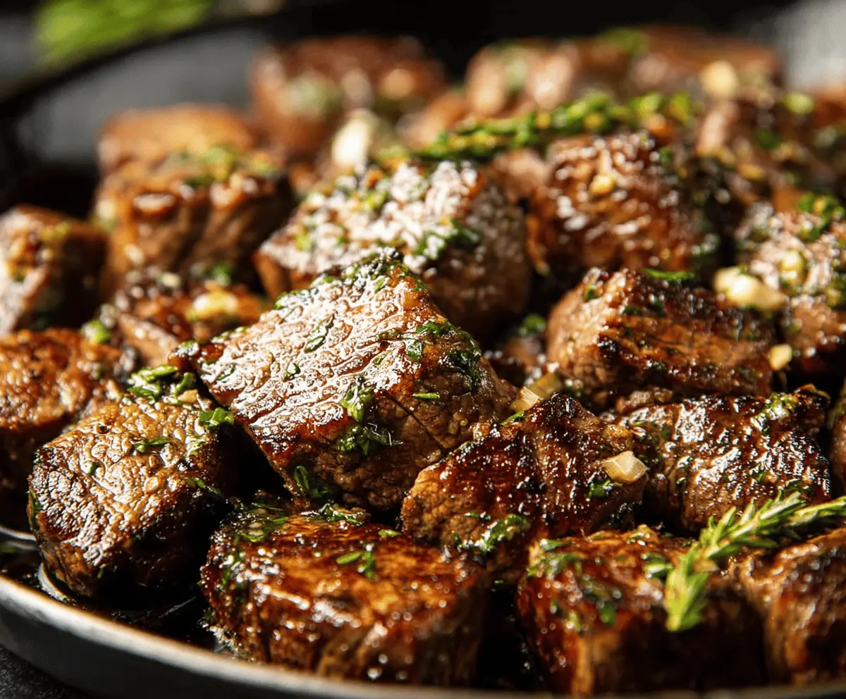 Juicy garlic butter steak served on a plate, garnished with fresh herbs and slices of garlic.