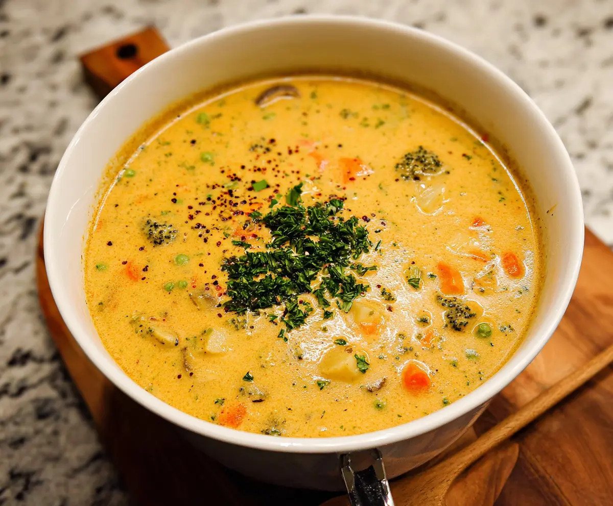 Delicious one pot creamy vegetable soup served in a bowl, featuring fresh vegetables and a creamy broth.
