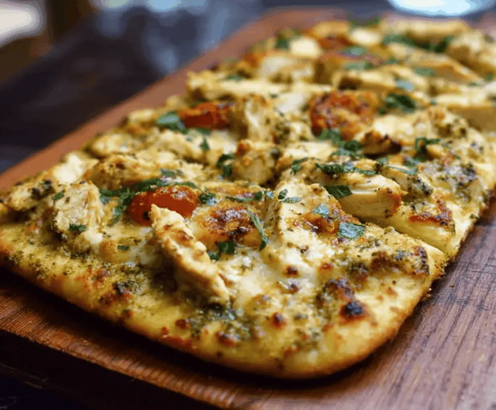 Delicious pesto chicken flatbread topped with fresh herbs and melted cheese, served on a rustic wooden board.