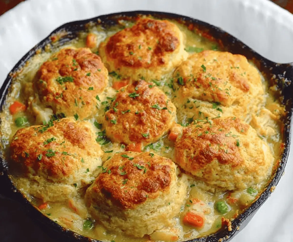 Delicious red lobster biscuit chicken pot pie served in a bowl with flaky crust and tender chicken pieces.