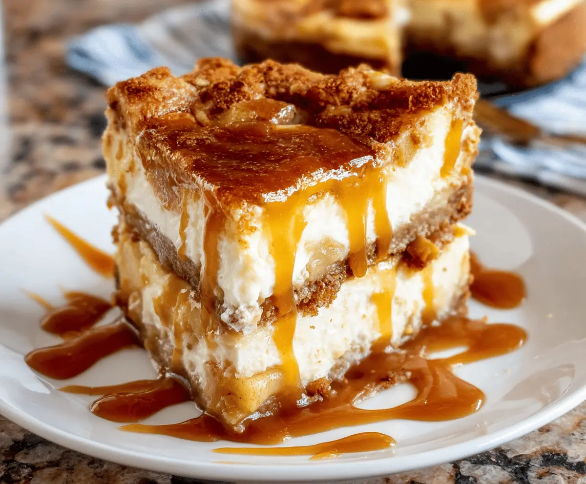 Delicious salted caramel apple pie cheesecake garnished with caramel drizzles and apple slices.
