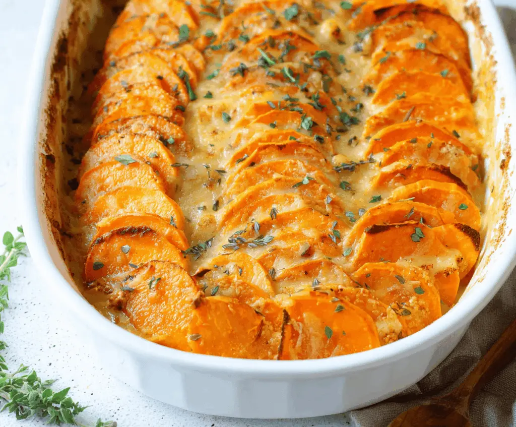Delicious scalloped sweet potatoes baked to perfection with a creamy, cheesy topping.