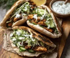 Delicious sheet pan chicken pitas topped with fresh herbs and creamy herby ranch sauce for a quick and tasty meal.