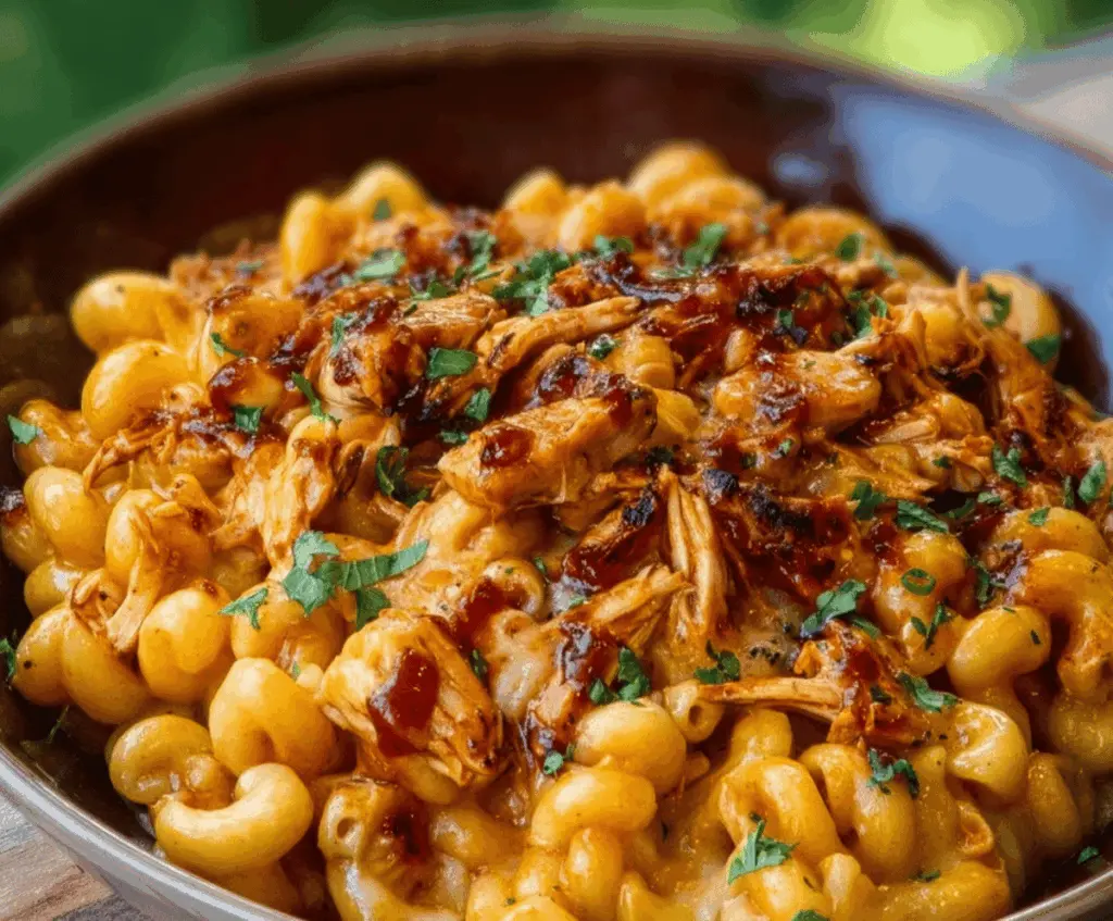 Creamy mac and cheese topped with tender shredded BBQ chicken for a delicious comfort food meal.