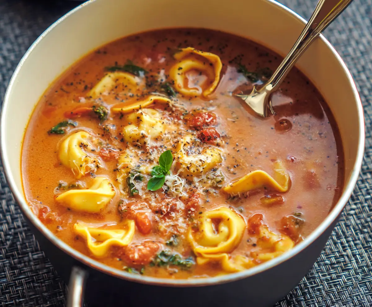 A bowl of silky tortellini soup with fresh herbs and creamy broth, perfect for a comforting meal.