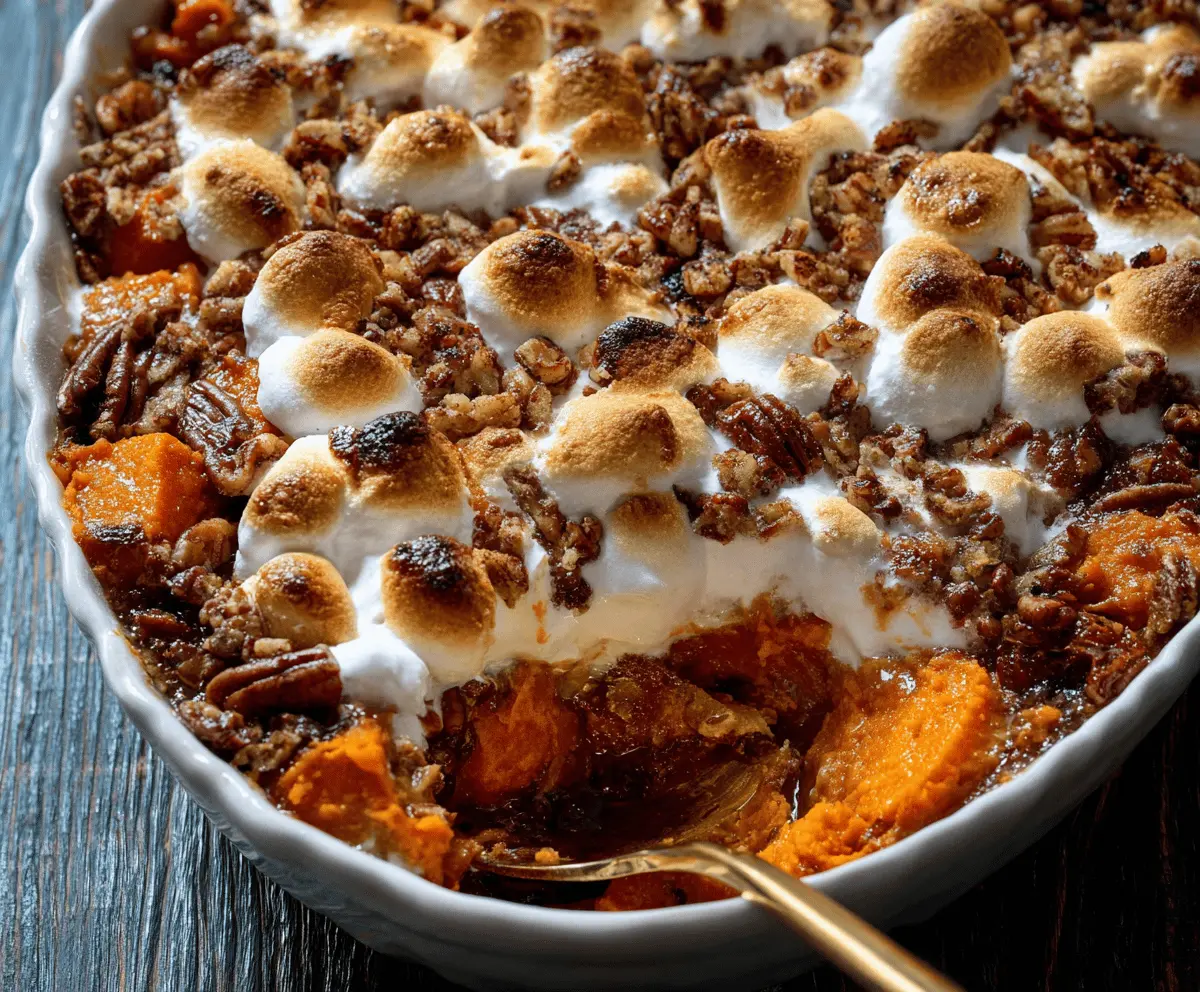 Delicious Southern Maple Sweet Potato Casserole topped with marshmallows and pecans, served as a festive holiday side dish.