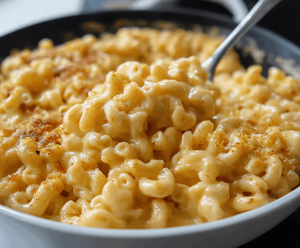 Creamy stovetop Gouda mac and cheese served in a bowl, showcasing melted cheese and pasta.