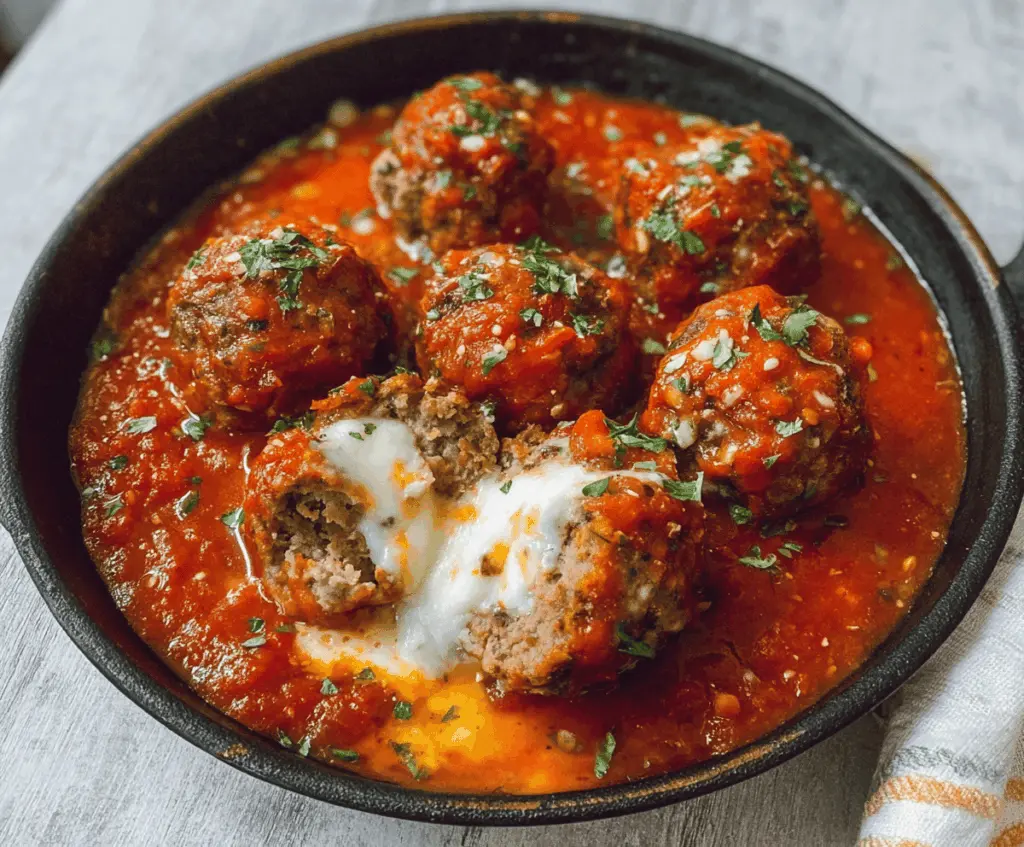 Delicious stuffed meatballs filled with melted mozzarella cheese on a platter.