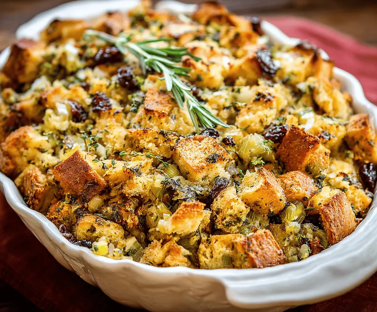 Delicious homemade stuffing with herbs and spices for Thanksgiving dinner.