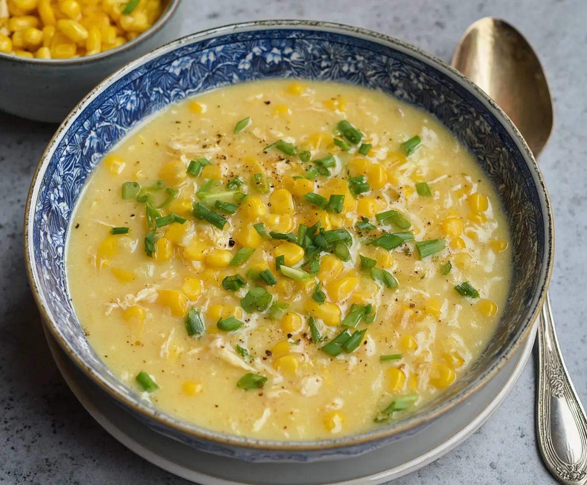 Creamy sweetcorn chowder in a bowl garnished with herbs, perfect for a hearty meal.
