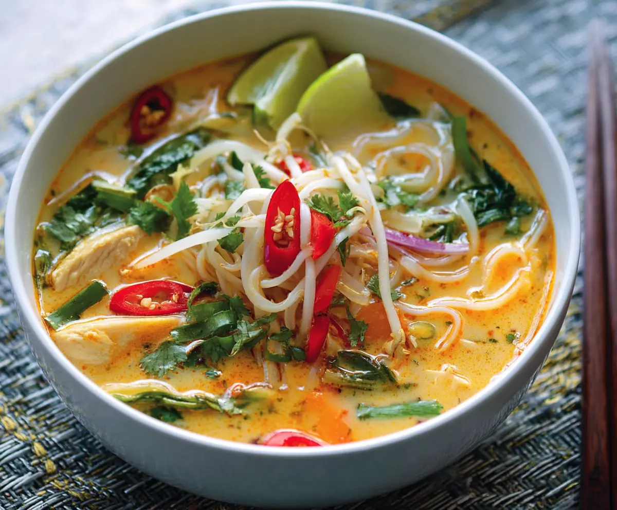 A bowl of Thai Curry Chicken Noodle Soup with tender chicken, rice noodles, and vibrant curry broth garnished with herbs.