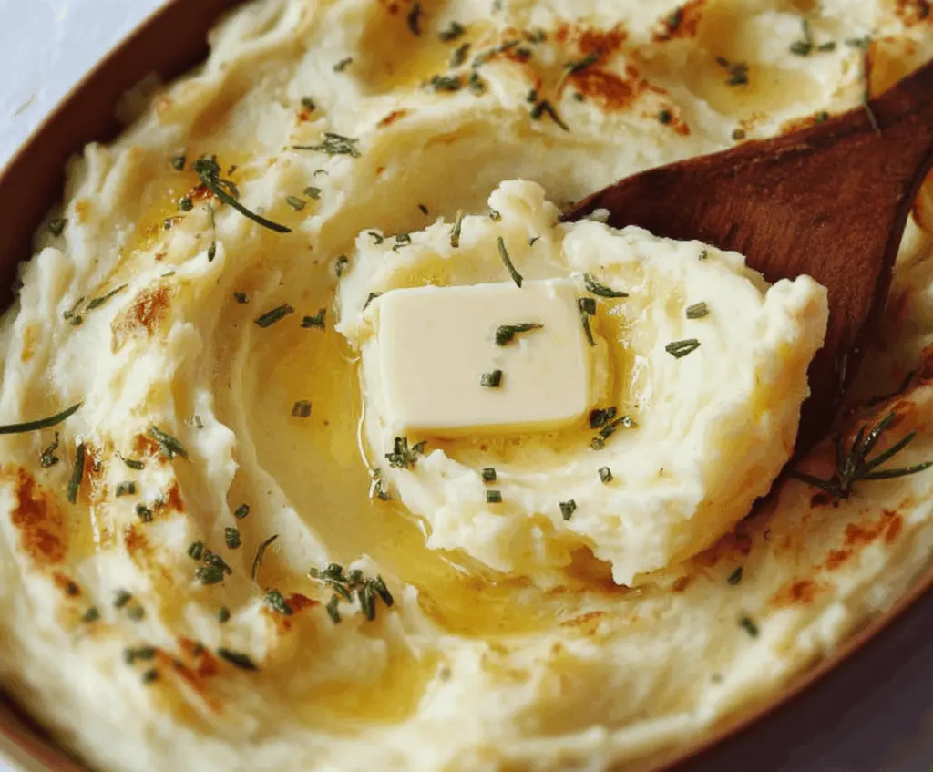 Creamy baked mashed potatoes topped with melted cheese and fresh herbs, perfect for a comforting meal.
