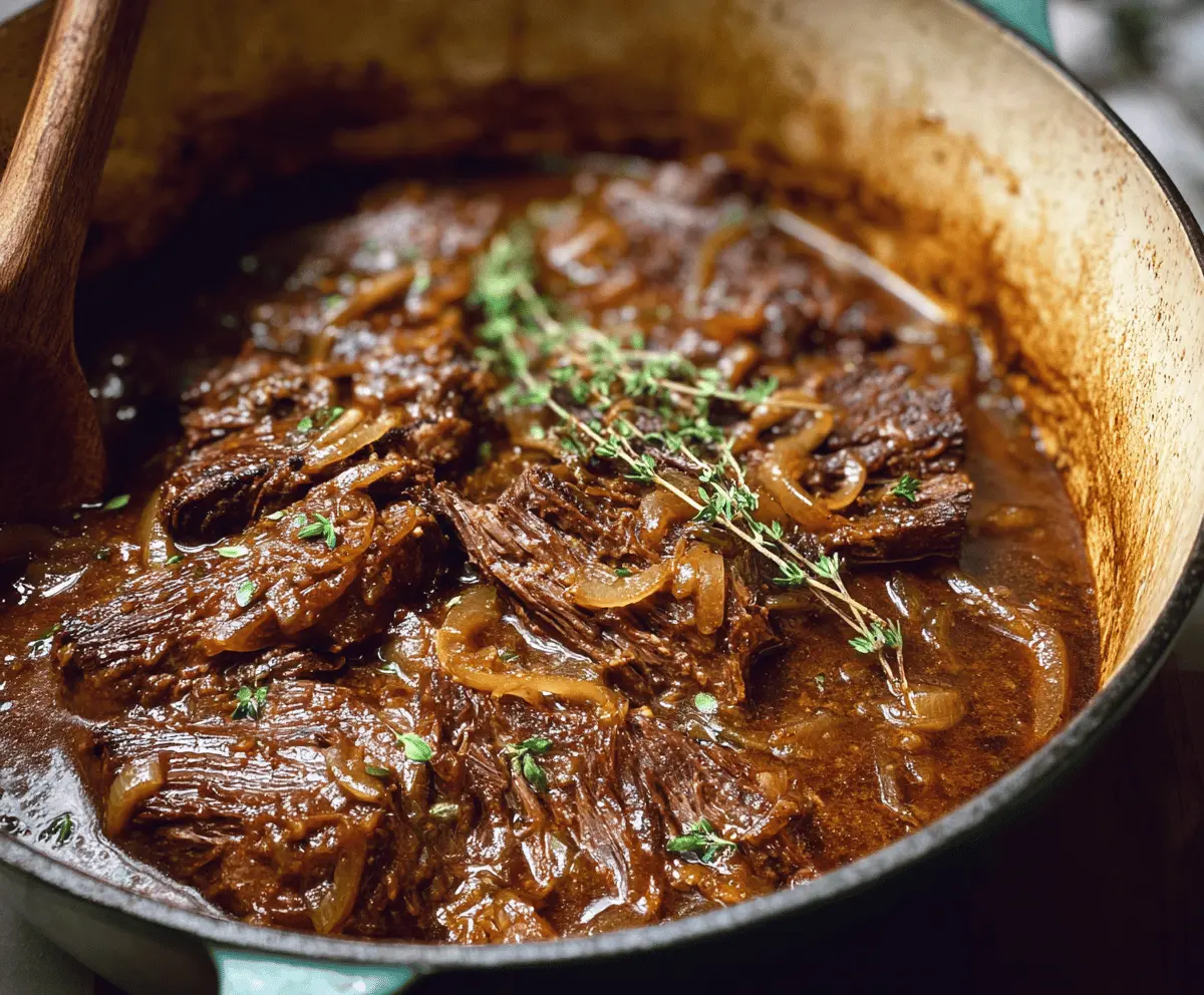 Delicious French onion pot roast with caramelized onions and tender beef in a rustic pot.