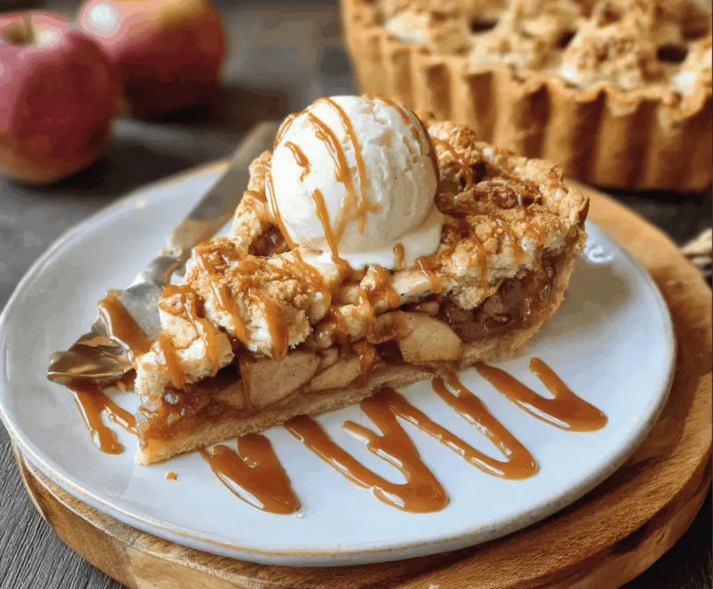 Delicious toffee apple pie with golden crust and caramel topping, perfect for dessert.