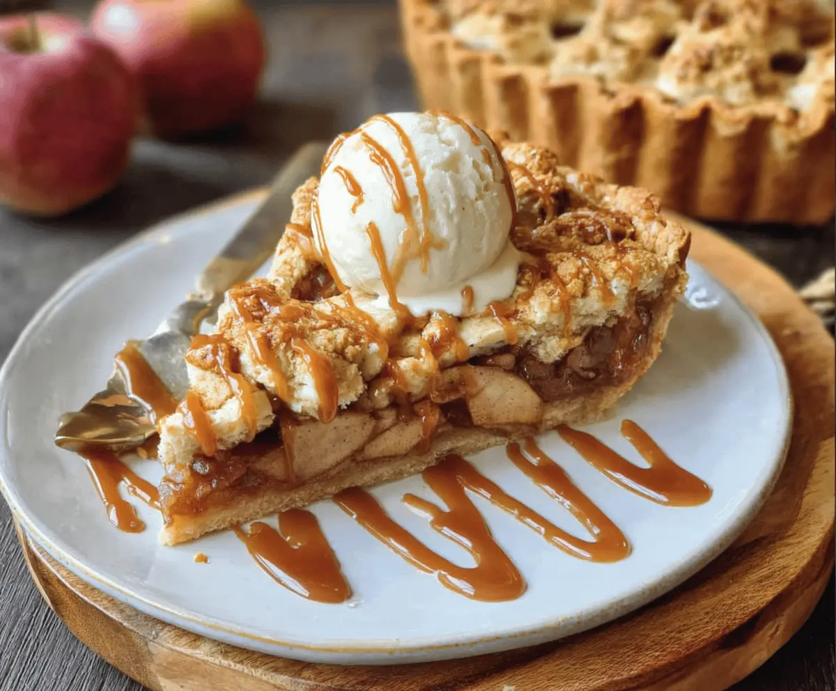 Delicious toffee apple pie with golden crust and caramel topping, perfect for dessert.