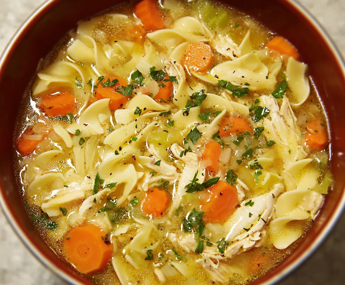 Warm and comforting traditional chicken noodle soup in a bowl with fresh herbs