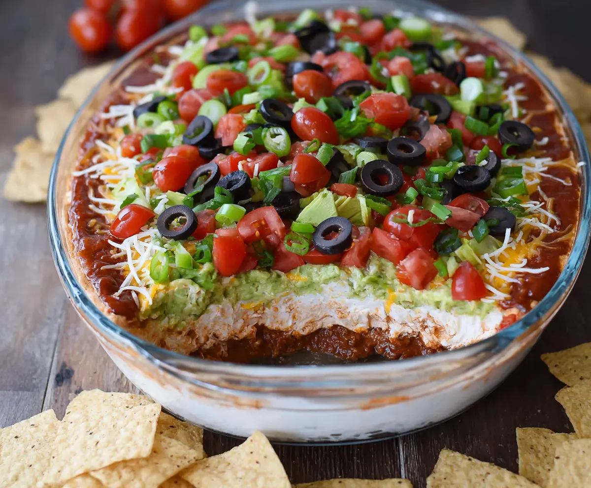 Delicious Ultimate 7 Layer Dip with colorful layers of beans, cheese, guacamole, and salsa for a perfect snack.