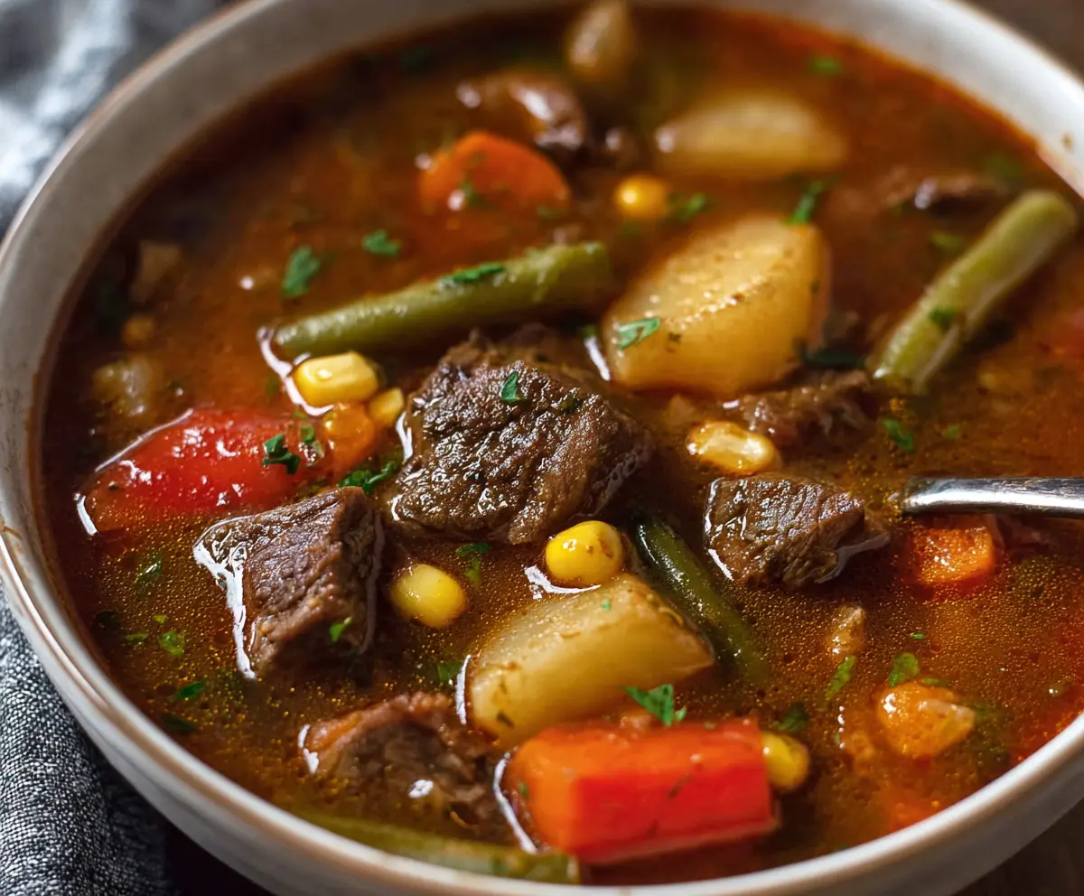 Hearty vegetable beef soup with fresh vegetables and tender beef chunks in a bowl