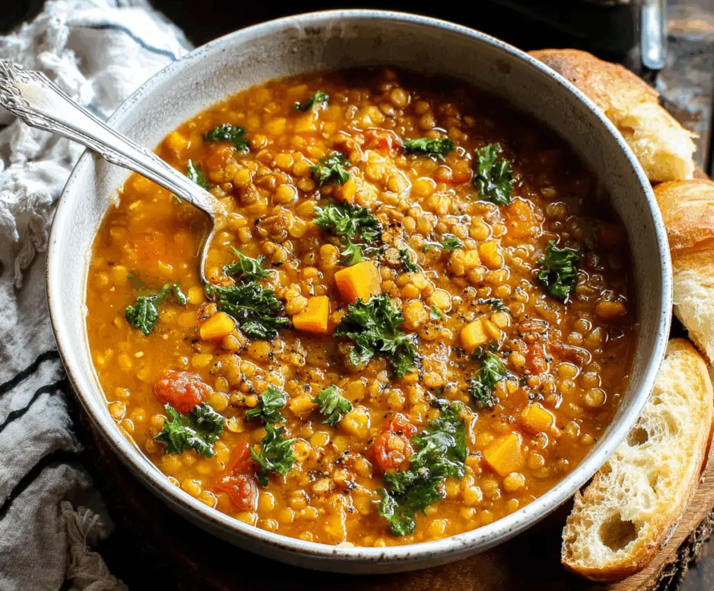A bowl of warm lentil soup garnished with fresh herbs, served in a rustic ceramic bowl.