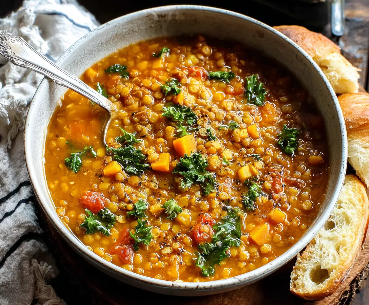 A bowl of warm lentil soup garnished with fresh herbs, served in a rustic ceramic bowl.