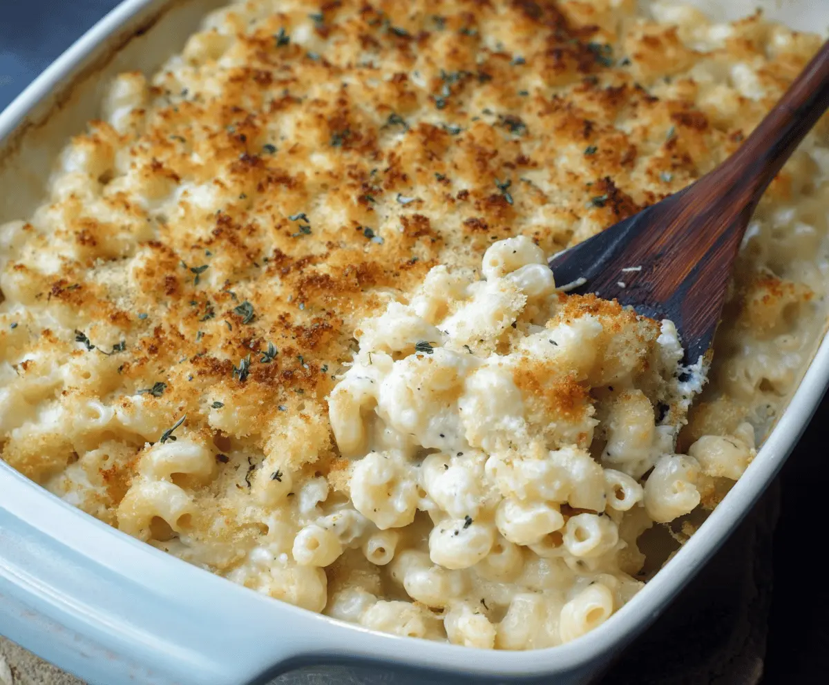 Creamy white truffle mac and cheese topped with Parmesan cheese and fresh herbs.