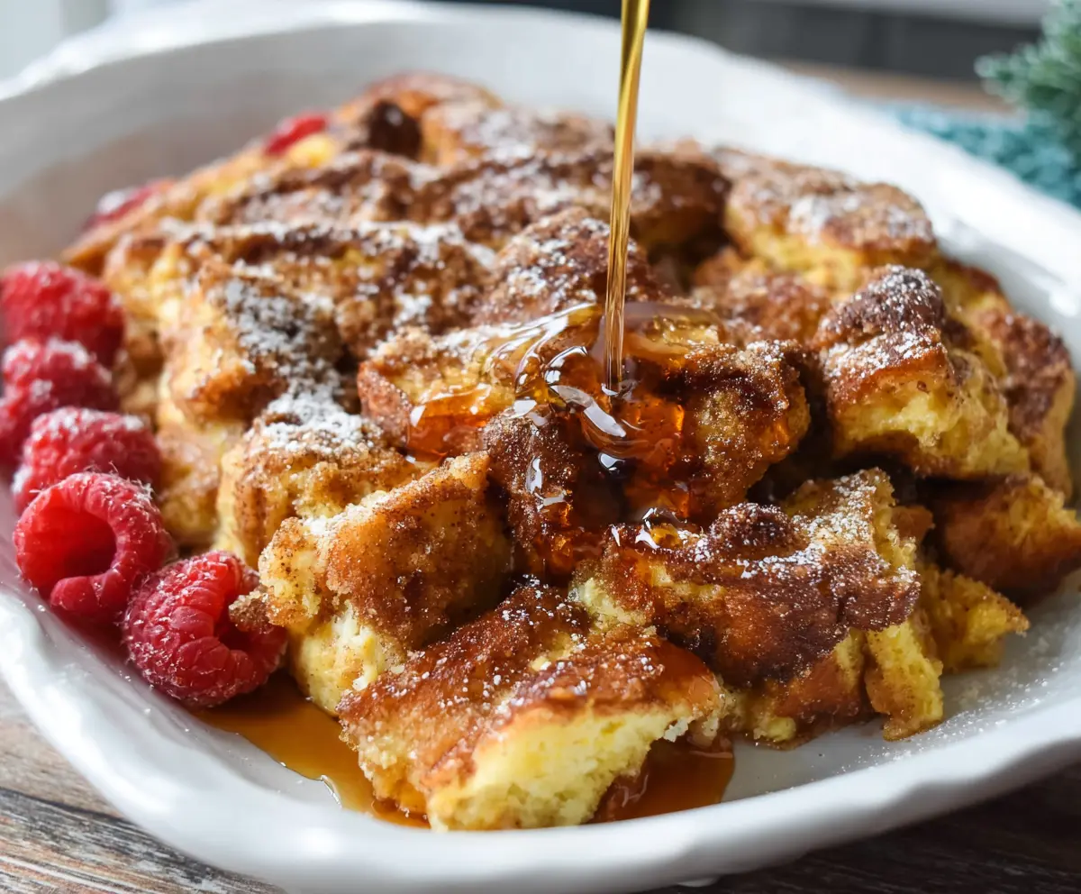 Delicious baked French toast casserole topped with fresh berries and powdered sugar