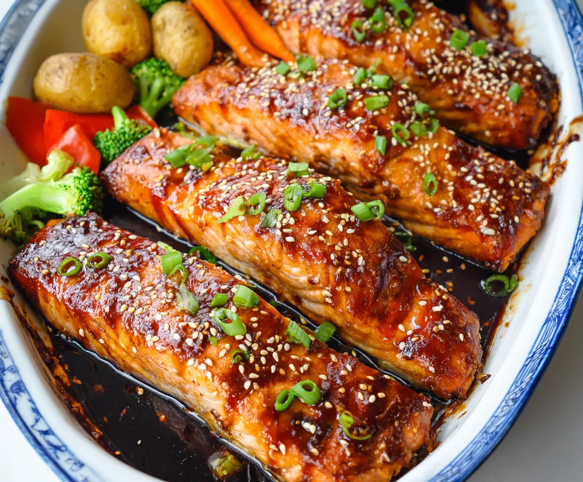 Delicious baked teriyaki salmon served with fresh vegetables and rice for a healthy dinner idea.