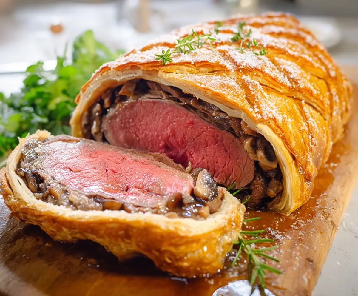 Juicy Beef Wellington wrapped in golden puff pastry with a sprig of fresh thyme on top.