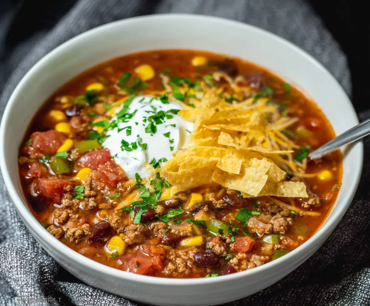 A steaming bowl of bold and hearty taco soup garnished with fresh herbs and cheese, showcasing vibrant ingredients and rich flavors.