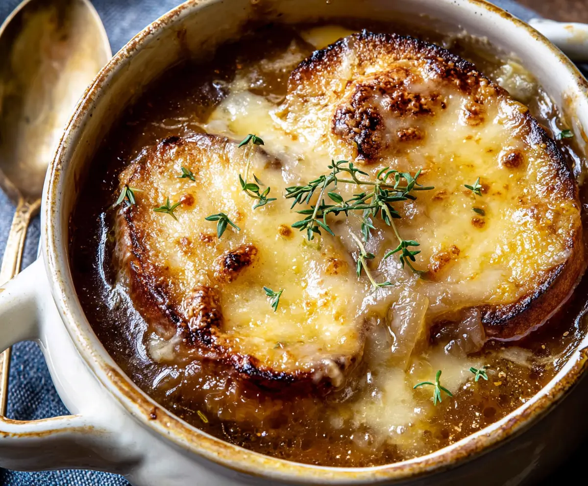 Delicious caramelized onion soup served in a rustic bowl garnished with fresh herbs.
