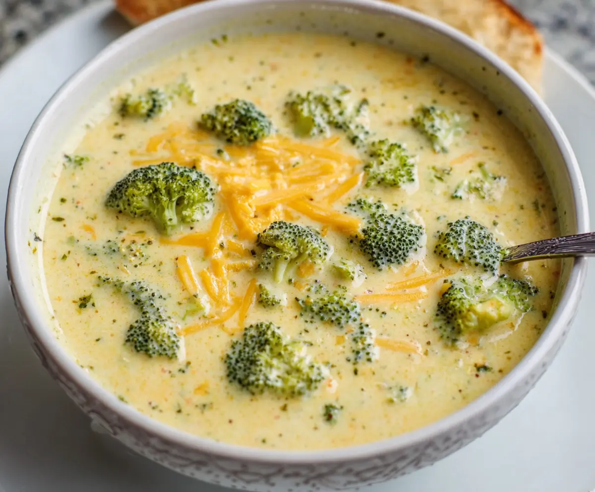 Delicious and creamy cheesy broccoli soup served in a bowl with fresh broccoli florets on top.