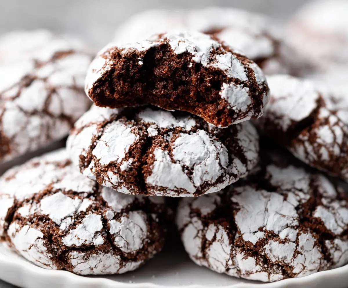 Delicious homemade chocolate crinkle cookies with powdered sugar coating