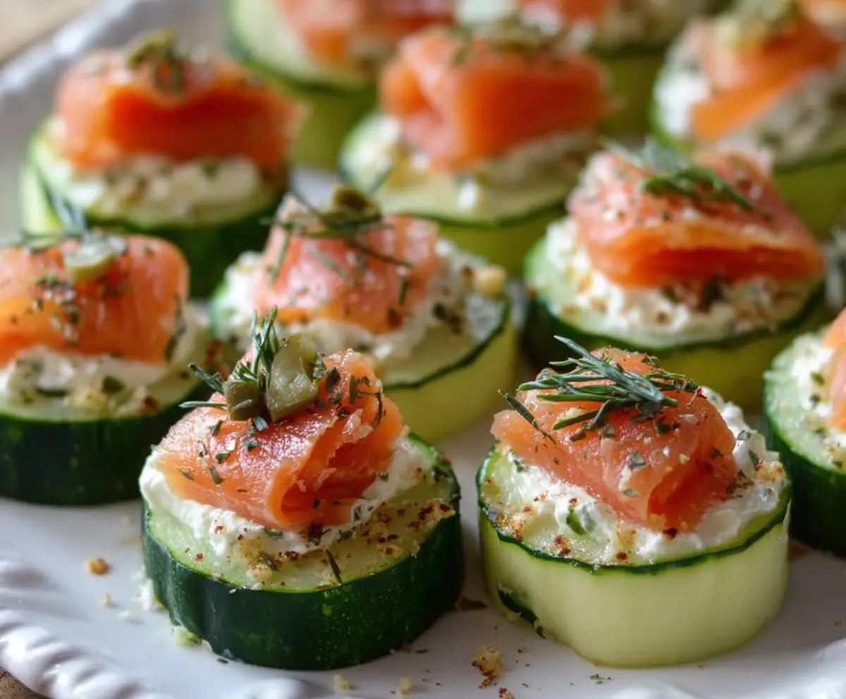 Delicious cucumber bites topped with smoked salmon and fresh herbs for a savory appetizer.